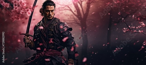 Legacy of the Samurai  Witness the Strength and Focus of a Traditional Warrior  Surrounded by the Elegance of Cherry Blossoms.