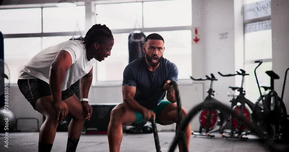 Man, coach and battle rope at gym for workout, exercise or muscle endurance in fitness motivation. Serious, active male person or athlete with personal trainer in stamina, cardio or intense training