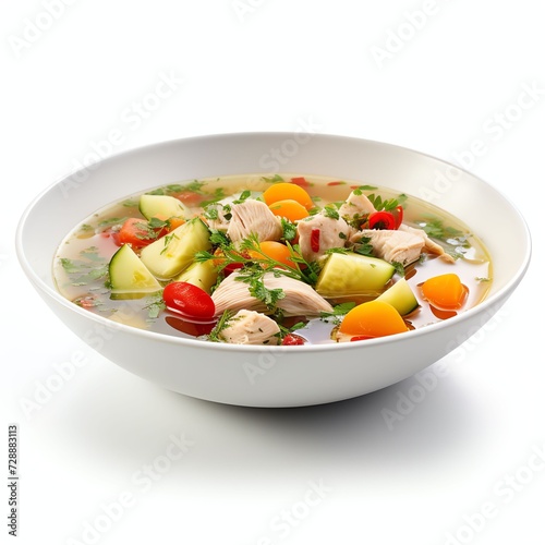 a chicken soup with vegetables, studio light , isolated on white backgroun