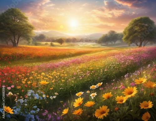 Sunrise over a blooming colorful meadow