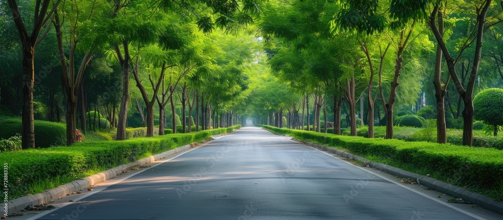 Obraz premium Scenic countryside with green surroundings, an empty street.