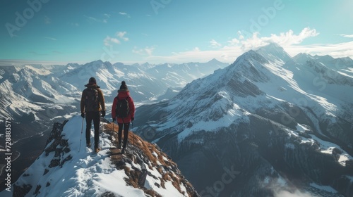 Alpine Odyssey: Eastern European Couple Ventures into Winter Adventure, Trekking Along Rugged Ridges with Snowy Peaks Painting the Breathtaking Backdrop. © Mr. Bolota