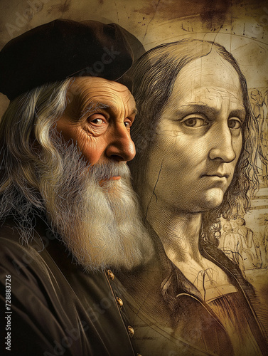 AI-Generated Portrait of Leonardo da Vinci in Front of the Mona Lisa