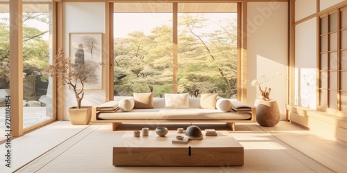 Japanese-style house with light wood tone and white living room area.
