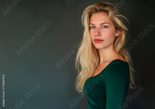 Elegance in Green: A Blond Female Captivates in a Dark Green Top, Showcasing a Perfect Blend of Casual Chic and Effortless Style - A Portrait of Grace and Trendsetting Beauty.