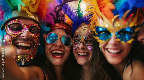 cheerful group of friends at a carnival festival, wearing vibrant masks generative ai