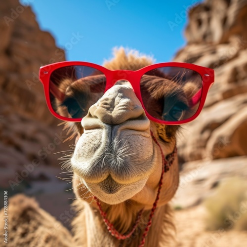 A confident arabian camel, sporting sunglasses, stands tall against the majestic desert mountains under the vast blue sky, embodying the resilient and cool nature of this terrestrial mammal photo