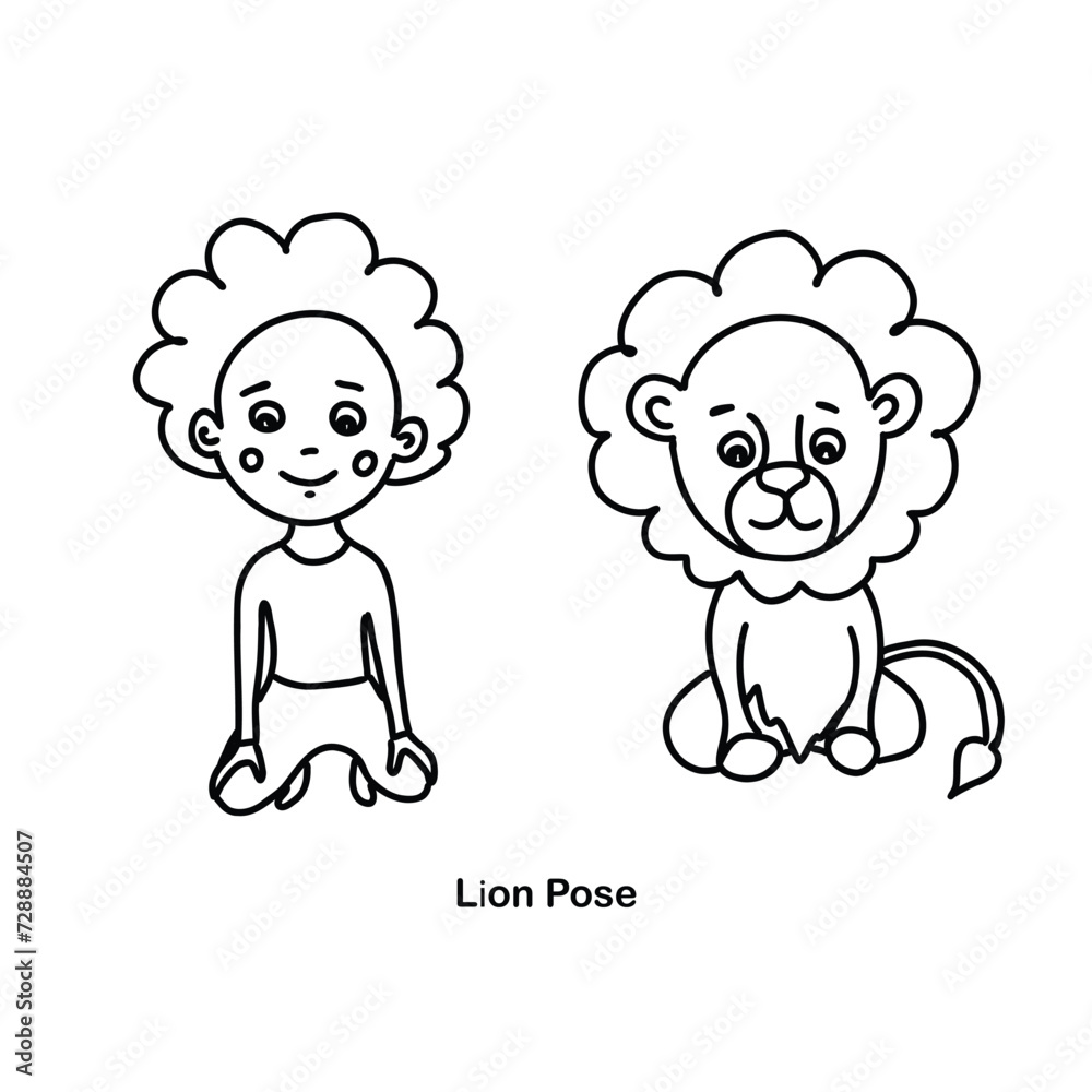 Kids yoga lion pose. Vector cartoon illustration.