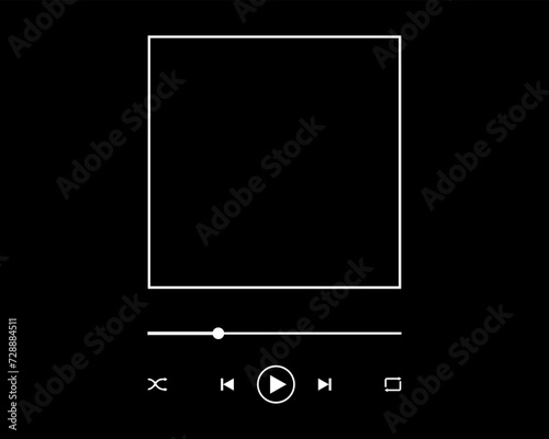 Audio player interface template with album cover frame, slider progress bar, play, pause, repeat, rewind, shuffle and fast forward buttons isolated on black background. Vector graphic illustration