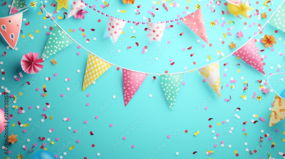 Fototapeta premium birthday pennant and confetti design on flat background generative ai