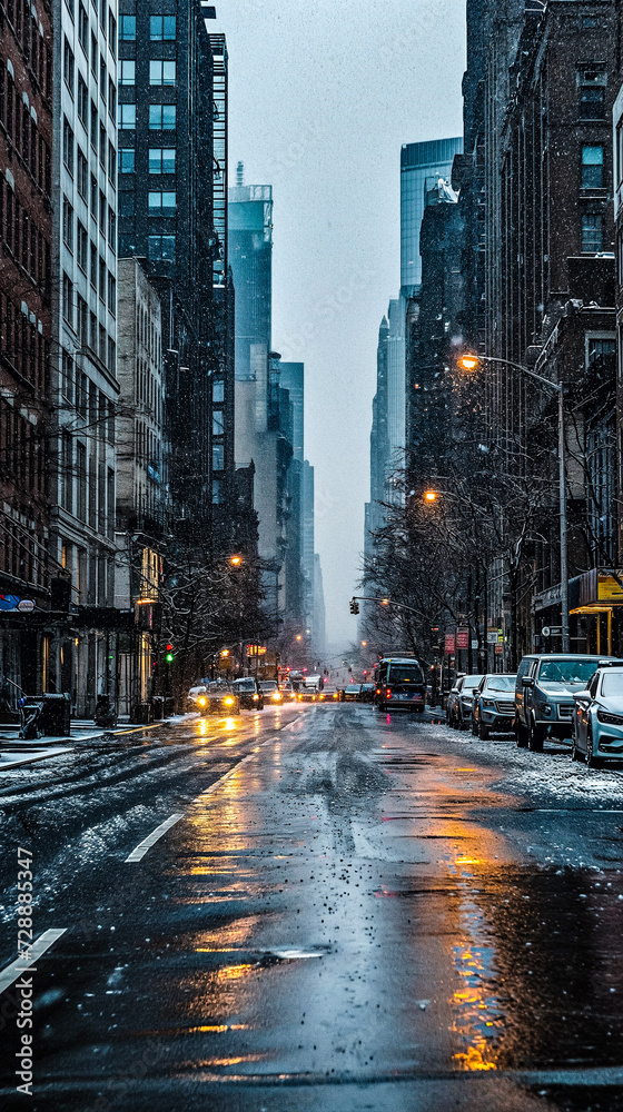 Naklejka premium AI-Generated Winter Dusk Image of Snowy NYC Street with Illuminated Street Lamps