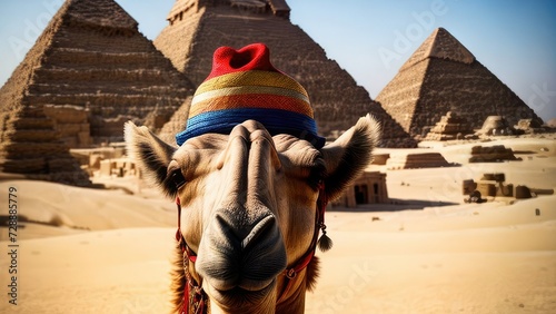Close-up of a camel in a multi-colored hat against the background of the pyramids. Vacation and travel concept photo