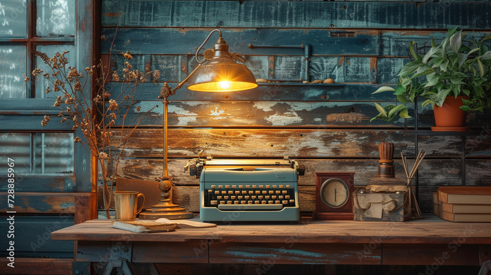A vintage typewriter on a weathered wooden desk, bathed in the soft glow of a desk lamp. - obrazy, fototapety, plakaty 