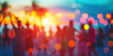 Party beach. Blurred people having night beach party in summer vacation