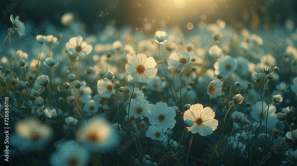 A field of wildflowers in the moonlight, their delicate petals casting long shadows on the soft ground. - obrazy, fototapety, plakaty 