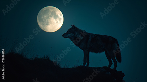 A lone wolf, silhouetted against a full moon, standing on the edge of a rugged cliff.