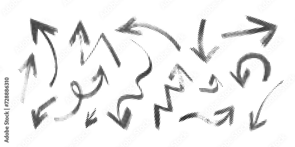 Collection of vector grunge halftone textured black arrows. Unique artistic curve half tone texture brush stroking arrow collection for graphic design, decoration, patterns, logo Collection of vector grunge halftone textured black arrows. Unique artistic curve half tone texture brush stroking arrow collection for graphic design, decoration, patterns, logo