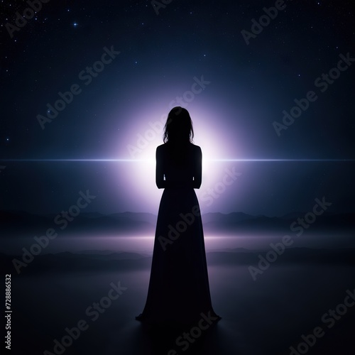 A lonely figure standing in the dark, illuminated by a single ray of light, concept of belief in divinity and fortitude