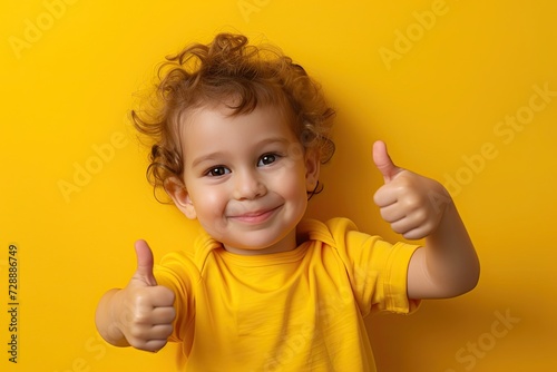 A toddler boy gives two thumbs up on a yellow background