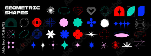 Set Vector Graphic In Y2k style. Color elements for design in futuristic retro style. Shapes for Posters Template, social media, flyers, media, graphic design, sticker, Digital Collage.