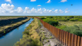 Aerial View of a Metal Border Fence Alongside a River in a Lush Green Landscape