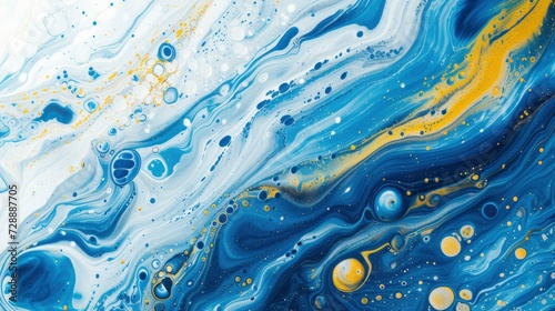 a blue and yellow swirl pattern wallpaper with bubbles, in the style of conceptual painting, delicate chromatics, fluid acrylics, white background, mixes painting and ceramics - generative ai