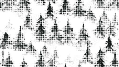 Abstract seamless pattern with halftone textured gray green fir forest. Elegant geometric half tone coniferous landscape texture for travel concept textile, wallpaper, banner