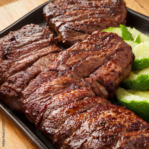 Elegant Dish of Grilled Meat Steak seasoned with vegetables, tomato, onion, and lemon. AI Generative.