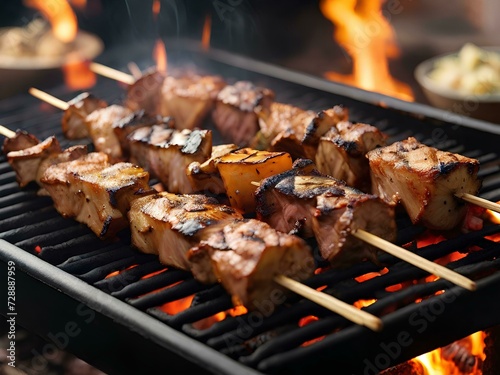 Grilled meat skewers on the barbecue, seasoned with vegetables and fresh herbs. AI Generative.
