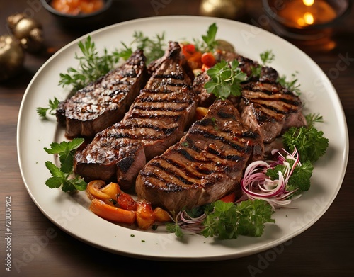 Elegant Dish of Grilled Meat Steak seasoned with vegetables, tomato, onion, and lemon. AI Generative.
