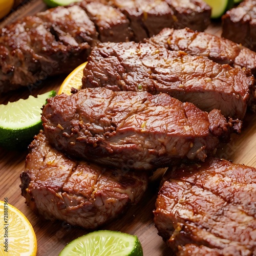 Elegant Dish of Grilled Meat Steak seasoned with vegetables, tomato, onion, and lemon. AI Generative.