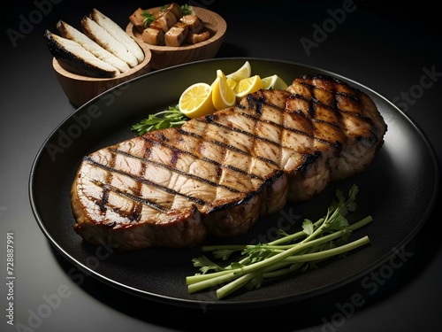 Elegant Dish of Grilled Meat Steak seasoned with vegetables, tomato, onion, and lemon. AI Generative.