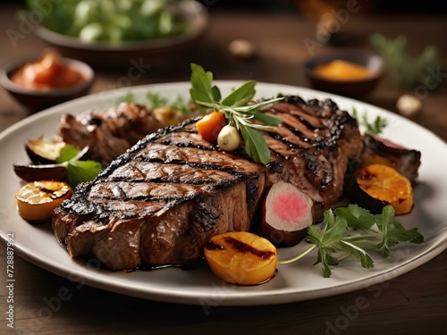 Elegant Dish of Grilled Meat Steak seasoned with vegetables, tomato, onion, and lemon. AI Generative.