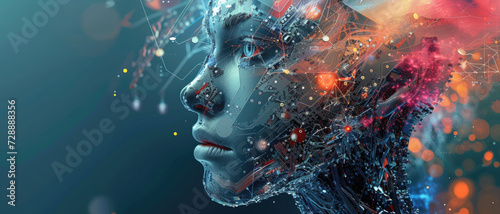 AI robot on abstract background, humanoid cyborg or android like digital young woman, futuristic artificial intelligence. Concept of technology, beauty, art, tech, science, future