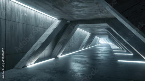 Concrete tunnel background, minimalist design of dark grey garage or warehouse with led light. Perspective view of modern underground hallway. Concept of hall, room, interior, building