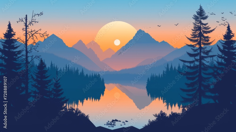 Illustration of a sunrise between mountains giving a touch of realism. generative ai