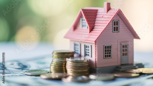 miniature pink house with coins and dollars 