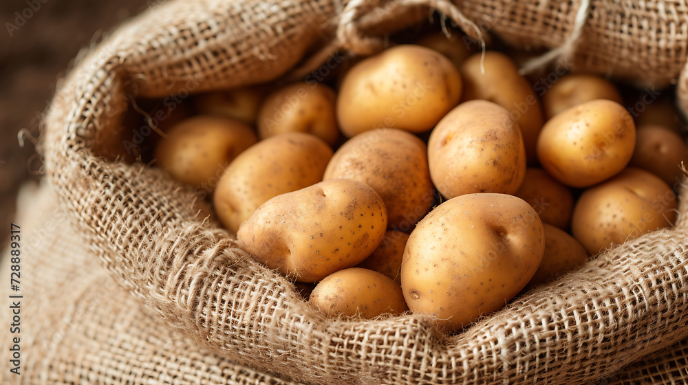 Close up food photography of ripe potatoes in a burlap bag Close up food photography of ripe potatoes in a burlap bag