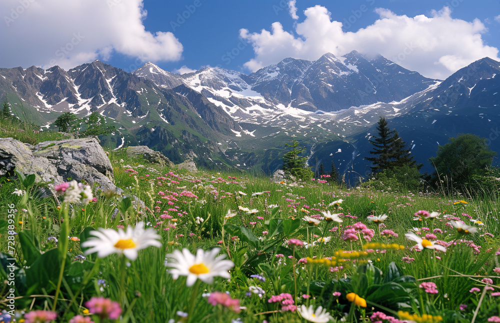 beautiful mountain landscape with blooming field of flowers
