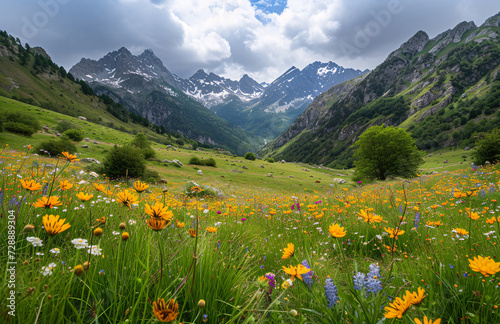beautiful mountain landscape with blooming field of flowers