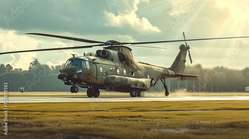 Military helicopter landing at sunset, dust swirling around. strong, dynamic image capturing rotary aviation. AI