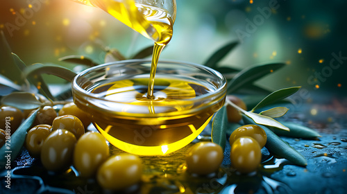 Close-up pouring golden olive oil liquid into a glass serving bowl, healthy food background, Bright colours