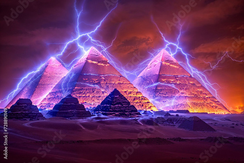 Ancient Egyptian pyramids as power generator, night, purple, artist impression, conspiracy theory, sci fi, electromagnetic storm, aliens photo