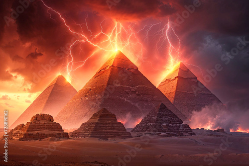 Ancient Egyptian pyramids as power generator, artist impression, conspiracy theory, sci fi, electromagnetic storm, aliens photo