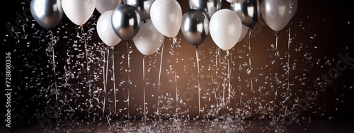 Decorative background with silver balloons. White and metallic helium balloons with snow confetti on dark backdrop. Luxury style