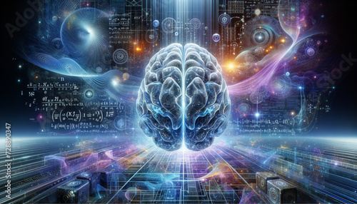 Futuristic AI-Quantum Fusion: 3D Brain with Dynamic 2D-3D Elements in Abstract Space