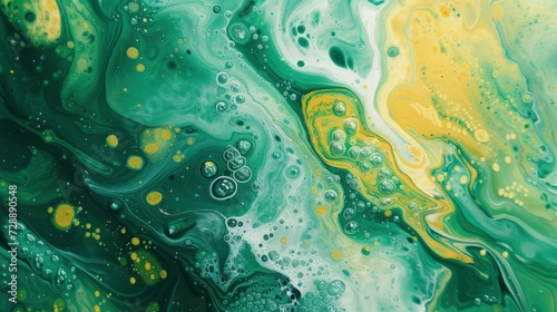 a green and yellow swirl pattern wallpaper with bubbles, in the style of conceptual painting, delicate chromatics, fluid acrylics, white background, mixes painting and ceramics - generative ai