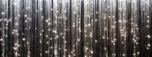 Abstract background with silver garland. Tinsel and small bulb lights hanging on wall photo