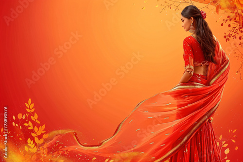 Beautiful indian woman wearing traditional indian costume saree and kundan jewelry on orange background with copy space. Ugadi or Gudi Padwa celebration. Hindu New Year. Religion and ethnic concept