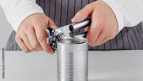 Closeup of man opening a tin can with a can opener. (ID: 728890738)